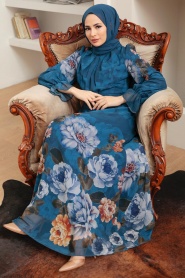 Neva Style - Çiçek Desenli İndigo Mavisi Tesettür Elbise 35461IM - Thumbnail