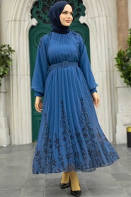 Neva Style - Çiçek Desenli İndigo Mavisi Tesettür Elbise 3817IM - Thumbnail