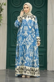 Neva Style - Çiçek Desenli İndigo Mavisi Tesettür Elbise 50004IM - Thumbnail