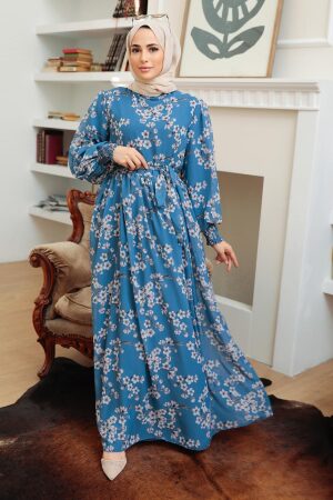 Neva Style - Çiçek Desenli İndigo Mavisi Tesettür Elbise 56830IM - 1