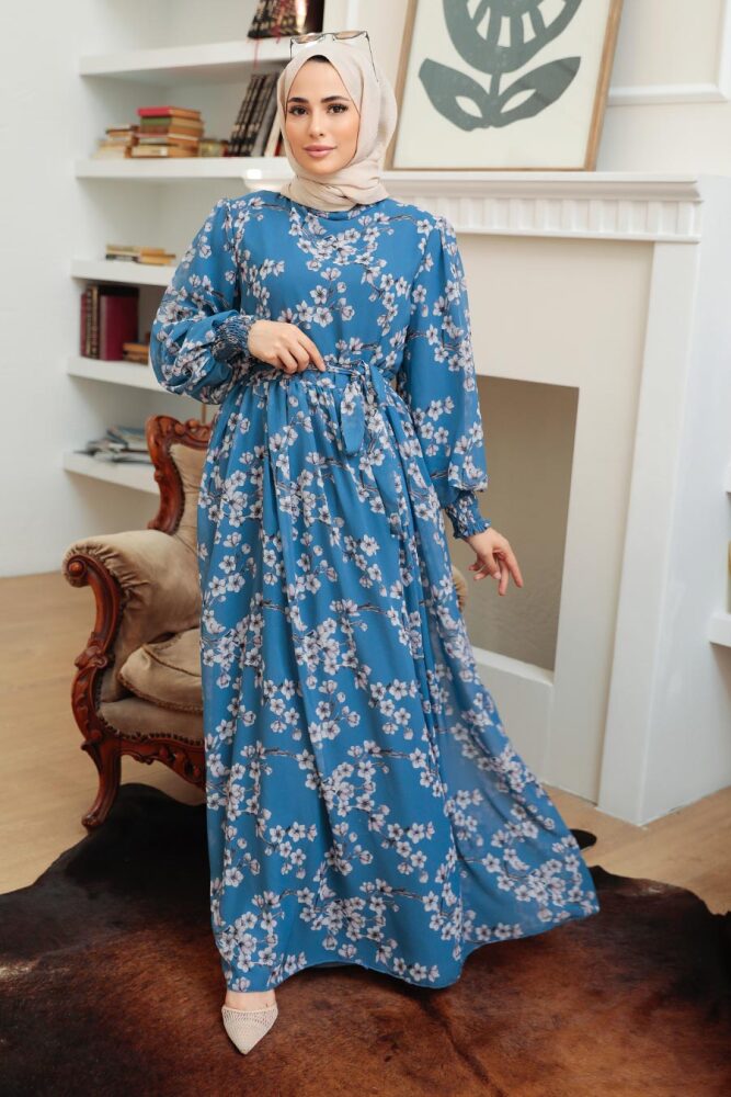 Neva Style - Çiçek Desenli İndigo Mavisi Tesettür Elbise 56830IM - 1