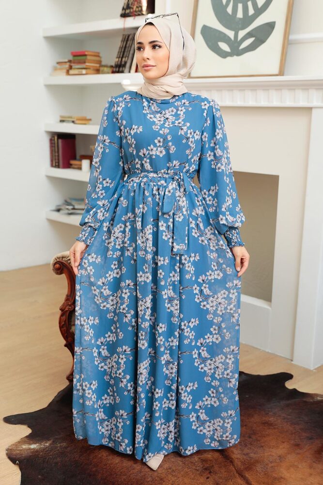 Neva Style - Çiçek Desenli İndigo Mavisi Tesettür Elbise 56830IM - 2