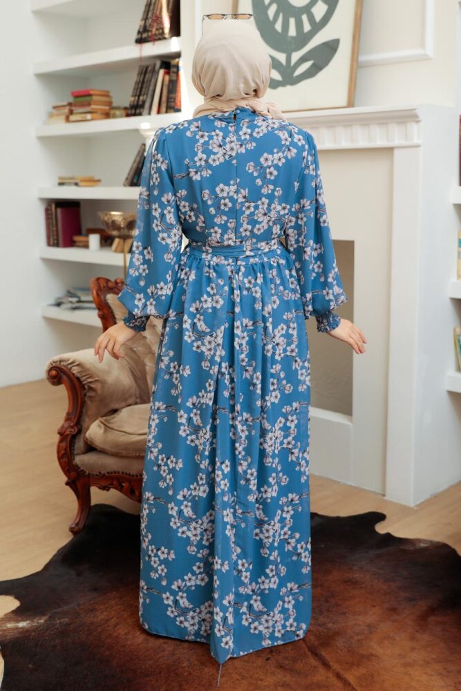 Neva Style - Çiçek Desenli İndigo Mavisi Tesettür Elbise 56830IM - 3