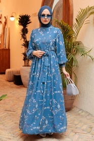 Neva Style - Çiçek Desenli İndigo Mavisi Tesettür Elbise 56832IM - Thumbnail