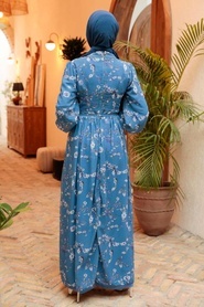 Neva Style - Çiçek Desenli İndigo Mavisi Tesettür Elbise 56832IM - Thumbnail