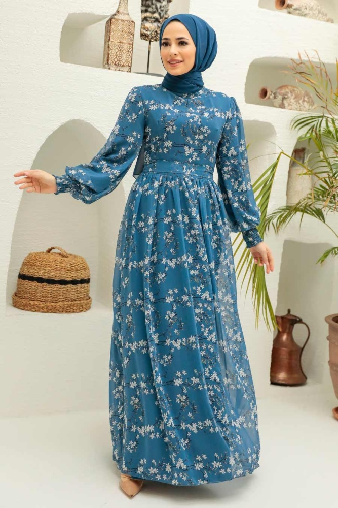 Neva Style - Çiçek Desenli İndigo Mavisi Tesettür Elbise 5683IM - 1