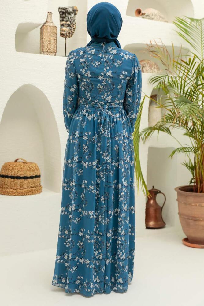 Neva Style - Çiçek Desenli İndigo Mavisi Tesettür Elbise 5683IM - 2