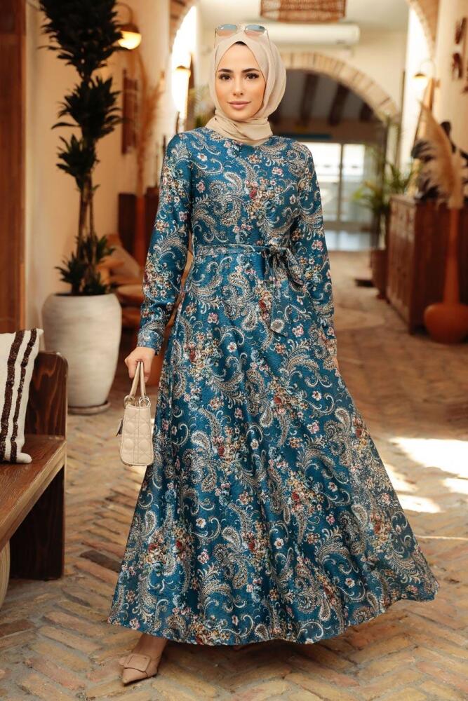 Neva Style - Çiçek Desenli İndigo Mavisi Tesettür Elbise 7692IM - 1