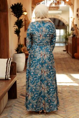 Neva Style - Çiçek Desenli İndigo Mavisi Tesettür Elbise 7692IM - 3