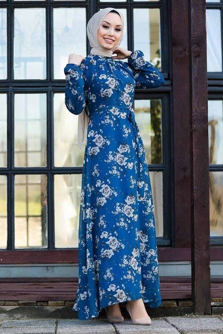 NEVA STYLE - Neva Style - Çiçek Desenli İndigo Mavisi Tesettür Elbise 81390IM