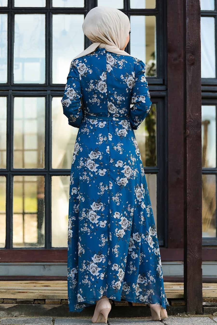 Neva Style - Çiçek Desenli İndigo Mavisi Tesettür Elbise 81390IM