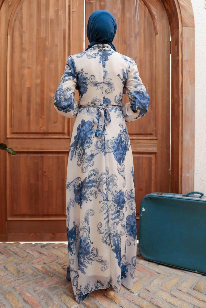 Neva Style - Çiçek Desenli İndigo Mavisi Tesettür Elbise 279013IM - 2