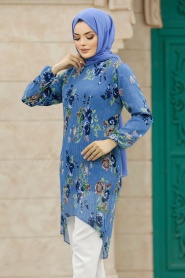 Neva Style - Çiçek Desenli İndigo Mavisi Tesettür Tunik 91236IM - Thumbnail