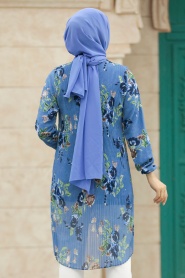 Neva Style - Çiçek Desenli İndigo Mavisi Tesettür Tunik 91236IM - Thumbnail