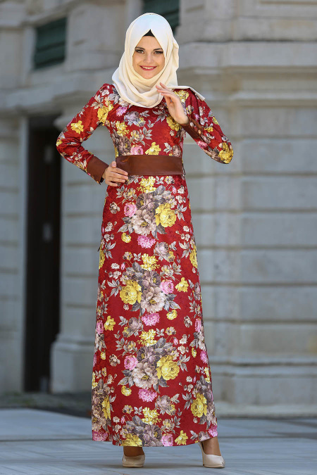 Neva Style - Çiçek Desenli Kahverengi Kadife Tesettür Elbise 2088KH