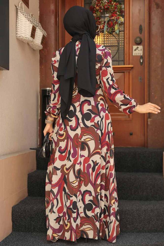 Neva Style - Çiçek Desenli Kahverengi Tesettür Elbise 27936KH - 3