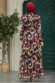 Neva Style - Çiçek Desenli Kahverengi Tesettür Elbise 27936KH - Thumbnail