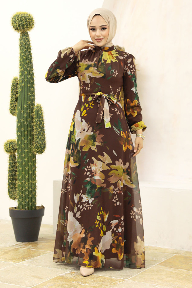 Neva Style - Çiçek Desenli Kahverengi Tesettür Elbise 27942KH - 2