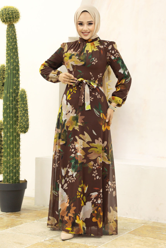 Neva Style - Çiçek Desenli Kahverengi Tesettür Elbise 27942KH - 3