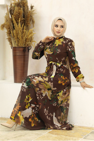 Neva Style - Çiçek Desenli Kahverengi Tesettür Elbise 27942KH - 1