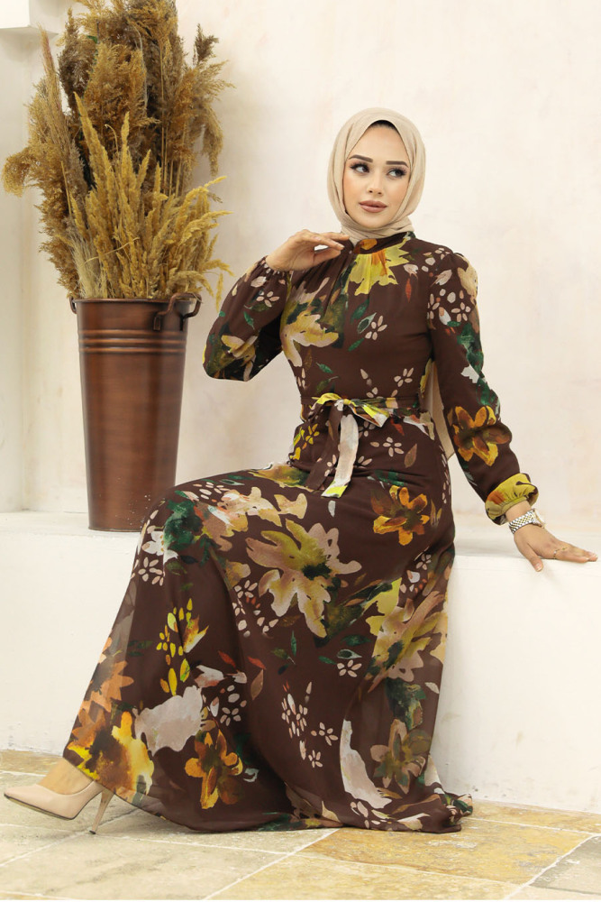 Neva Style - Çiçek Desenli Kahverengi Tesettür Elbise 27942KH - 1