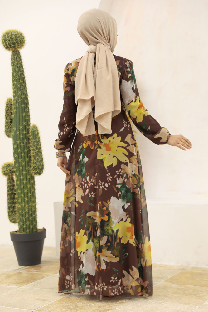 Neva Style - Çiçek Desenli Kahverengi Tesettür Elbise 27942KH - 4