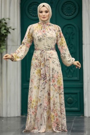 Neva Style - Çiçek Desenli Karamel Tesettür Elbise 30057KRML - Thumbnail