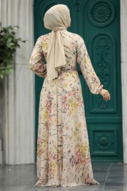 Neva Style - Çiçek Desenli Karamel Tesettür Elbise 30057KRML - Thumbnail