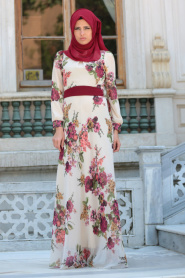 Neva Style - Çiçek Desenli Kemerli Bej Tesettür Elbise 76930BEJ - Thumbnail