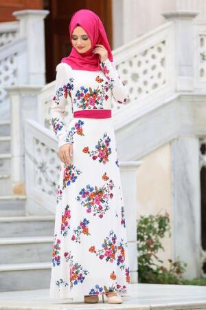 Neva Style - Çiçek Desenli Kemerli Beyaz Tesettür Elbise 77651B - 1