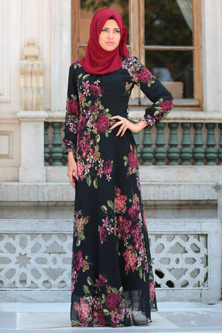 Neva Style - Çiçek Desenli Kemerli Siyah Tesettür Elbise 76930S