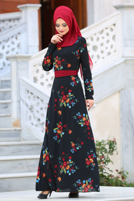 Neva Style - Çiçek Desenli Kemerli Siyah Tesettür Elbise 77651S
