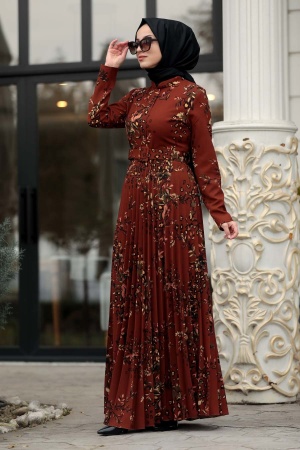 Neva Style - Çiçek Desenli Kiremit Tesettür Elbise 14532KRMT - 1
