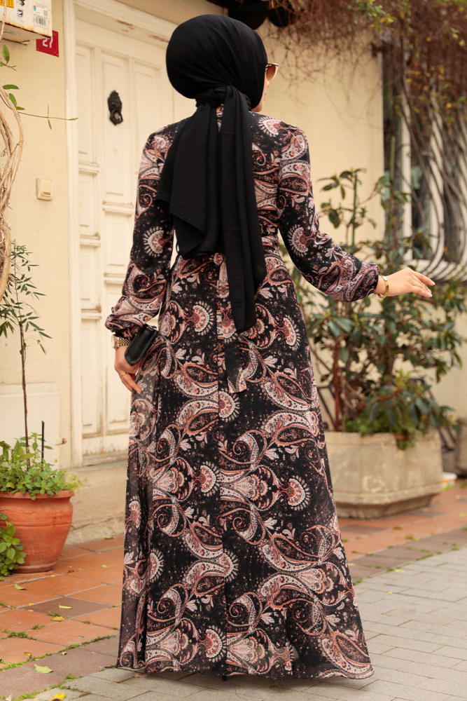 Neva Style - Çiçek Desenli Kiremit Tesettür Elbise 279081KRMT - 3