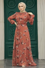 Neva Style - Çiçek Desenli Kiremit Tesettür Elbise 279317KRMT - Thumbnail