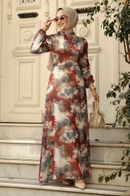 Neva Style - Çiçek Desenli Kiremit Tesettür Elbise 27944KRMT - Thumbnail