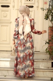 Neva Style - Çiçek Desenli Kiremit Tesettür Elbise 27944KRMT - Thumbnail