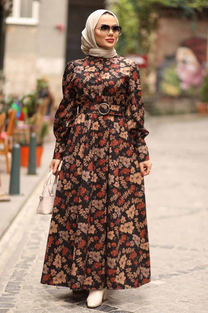 Neva Style - Çiçek Desenli Kiremit Tesettür Elbise 44670KRMT - 1