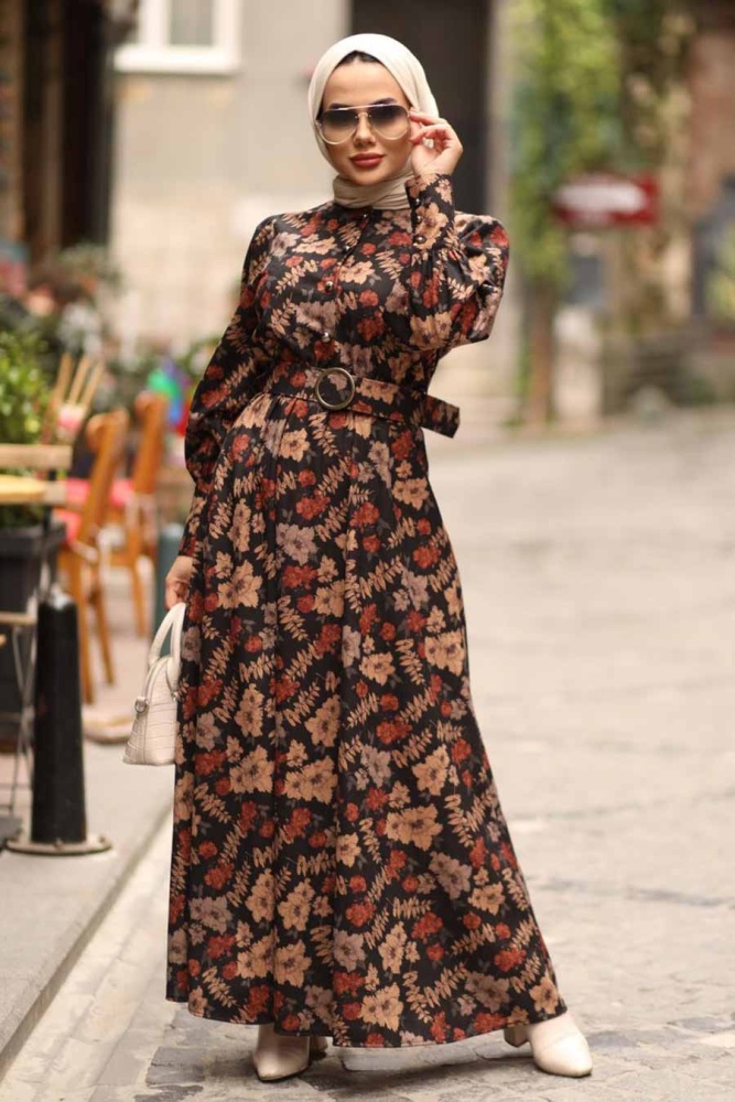 Neva Style - Çiçek Desenli Kiremit Tesettür Elbise 44670KRMT - 2