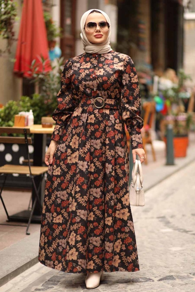 Neva Style - Çiçek Desenli Kiremit Tesettür Elbise 44670KRMT - 3