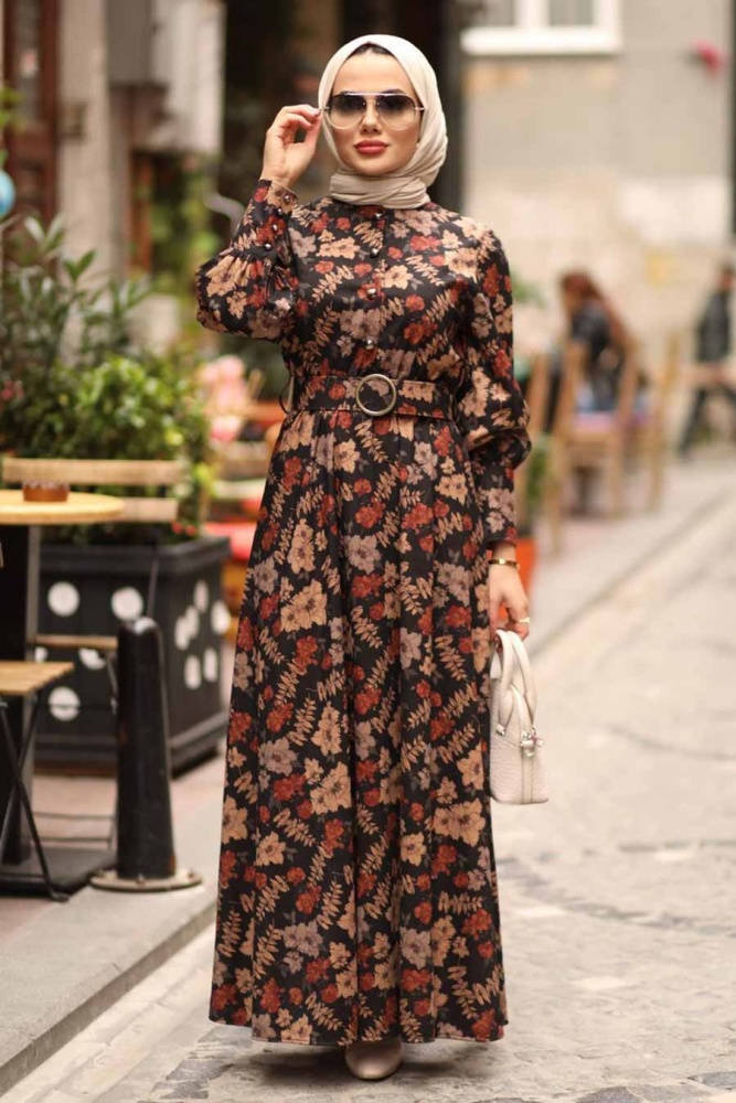 Neva Style - Çiçek Desenli Kiremit Tesettür Elbise 44670KRMT - 4