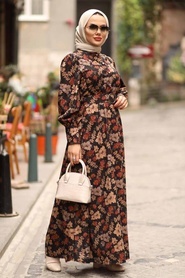 Neva Style - Çiçek Desenli Kiremit Tesettür Elbise 44670KRMT - Thumbnail