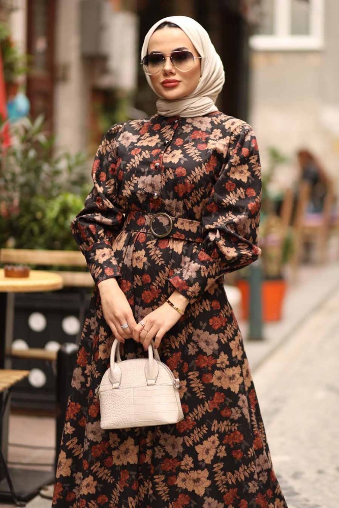 Neva Style - Çiçek Desenli Kiremit Tesettür Elbise 44670KRMT - 6