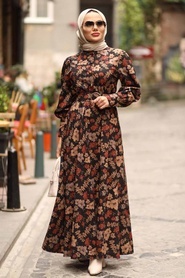 Neva Style - Çiçek Desenli Kiremit Tesettür Elbise 44670KRMT - Thumbnail