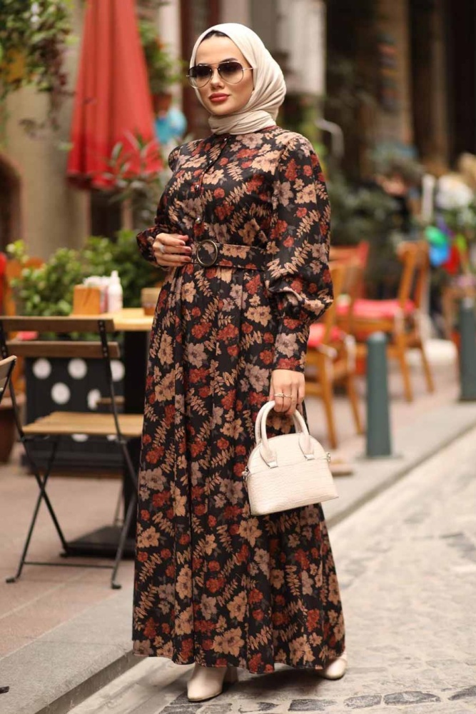 Neva Style - Çiçek Desenli Kiremit Tesettür Elbise 44670KRMT - 8