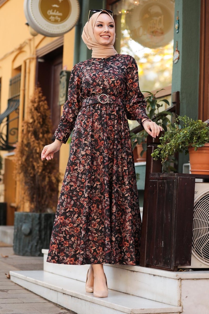 Neva Style - Çiçek Desenli Kiremit Tesettür Elbise 44671KRMT - 1