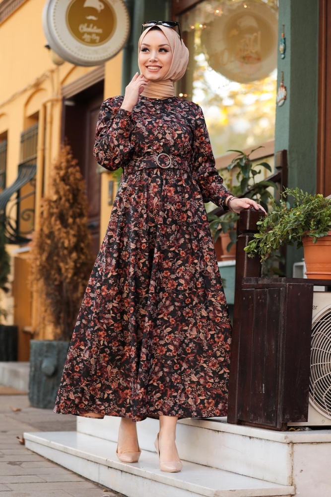 Neva Style - Çiçek Desenli Kiremit Tesettür Elbise 44671KRMT - 2