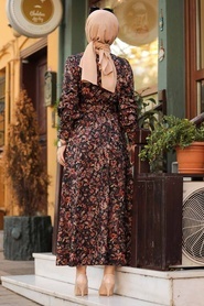 Neva Style - Çiçek Desenli Kiremit Tesettür Elbise 44671KRMT - Thumbnail