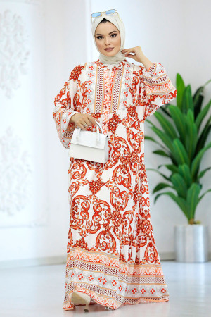  Çiçek Desenli Kiremit Tesettür Elbise 51951KRMT - 3