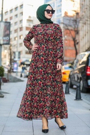 Neva Style - Çiçek Desenli Kırmızı Tesettür Elbise 100660K - Thumbnail